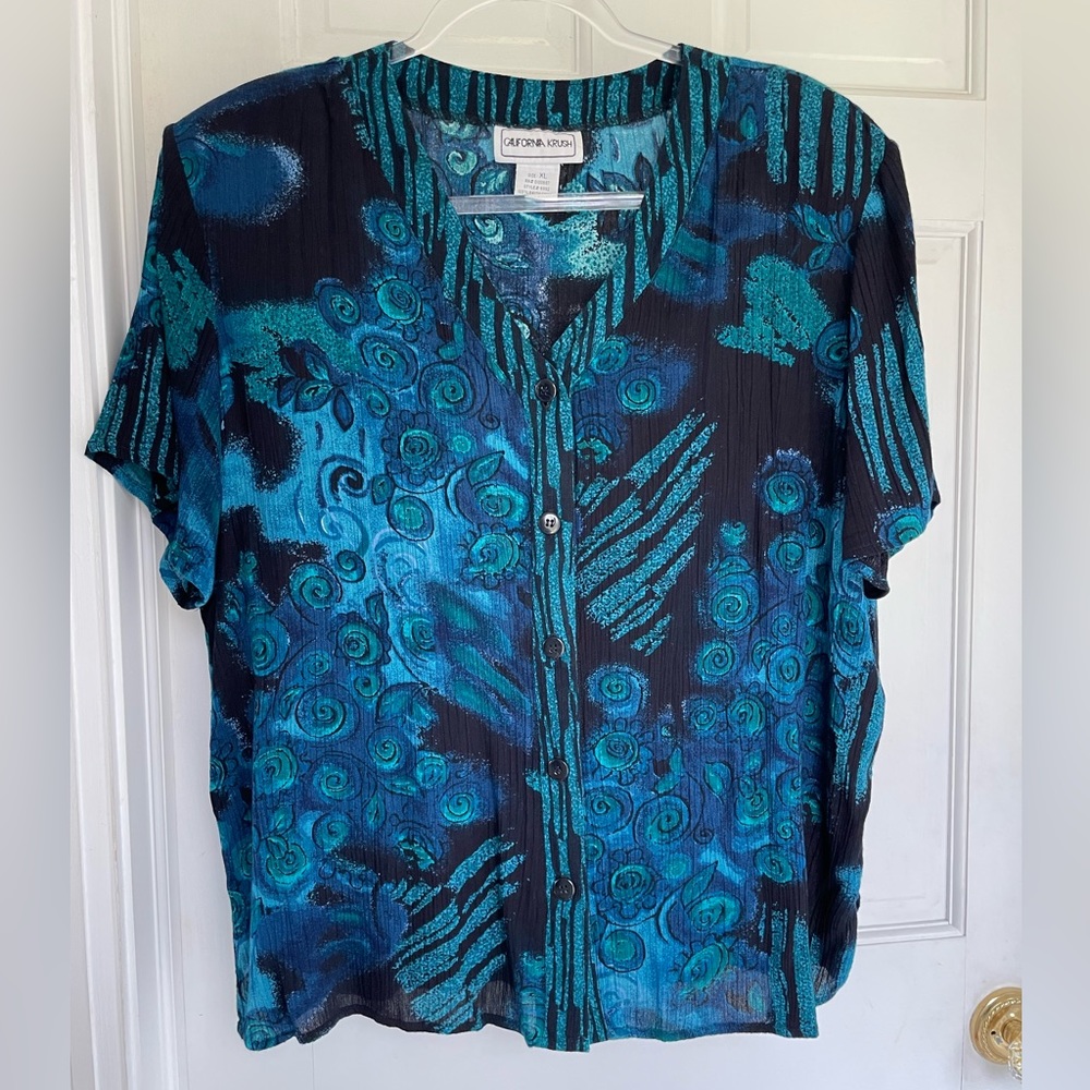 Teal blue green swirling patterns, extra large, California crush crepon blouse